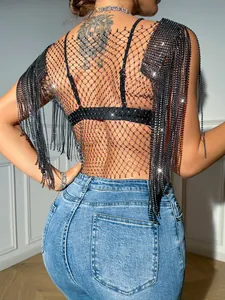 Close-up back view of a sexy black rhinestone mesh vest with long fringe detail