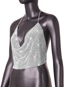 Detailed close-up of a sparkling silver metal rhinestone halter crop top on mannequin.