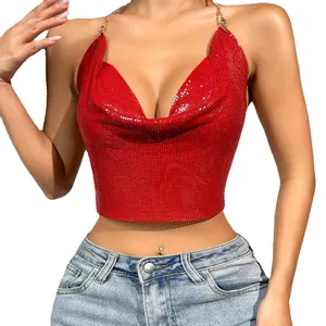 Sexy red metallic sequin halter crop top with cowl neck and chain straps on white background