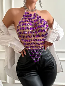 Purple acrylic gemstone body chain halter vest with metal links and sexy backless design.