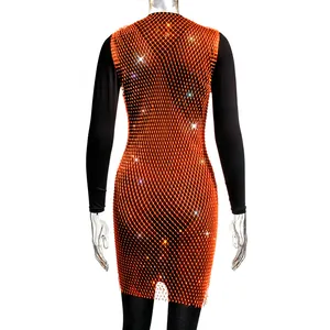 Back detail view showing the intricate sparkling orange rhinestone mesh construction.