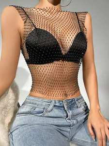 Detail view of black mesh rhinestone cami top for sexy nightclub outfits.