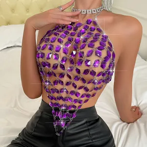 Close-up of sexy purple acrylic gemstone chain top with backless halter design.