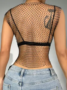Detailed back view of a sexy black fishnet top decorated with sparkling rhinestones