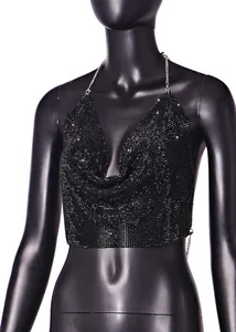 Close-up showing the shimmering black rhinestone texture of this sexy backless halter top