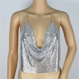 Top halter sexy in maglia metallica argento con scollo a V profondo e schiena scoperta