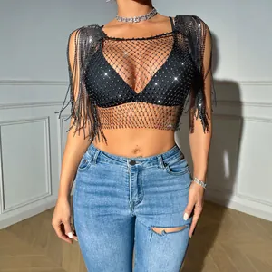 Sexy black rhinestone mesh crop top with sparkling tassels and padded shoulders