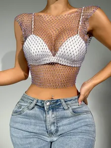 Detailed view of sexy purple rhinestone fishnet mesh camisole top for women