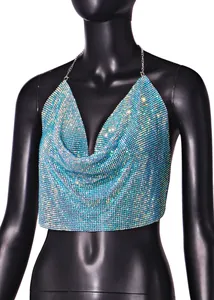 Detailed macro view of sparkling blue rhinestone mesh halter top with cowl neck design