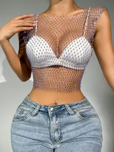 Detailed view of purple rhinestone fishnet mesh tank top for nightclub wear