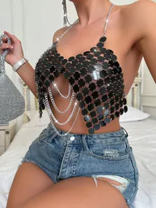 Top corto chic de lentejuelas negras con cadenas plateadas para club y fiestas