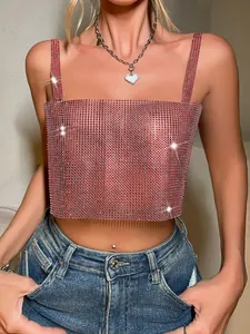 Detail view of pink rhinestone mesh camisole showing sparkling diamond-like texture