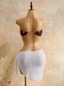 Sexy burgundy rhinestone mesh body chain set with white wrap skirt for night party