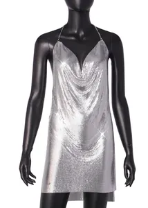 Sparkling silver metallic sequin halter mini dress with deep V-neck for party wear