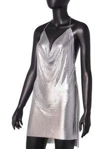 Close-up of a silver metallic mesh halter neck mini dress with deep V-neckline