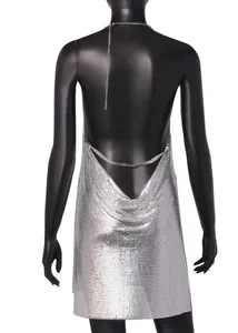 Detailed back view of a silver sequined halter dress featuring a shimmering metal mesh texture