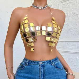 Women Sexy Gold Acrylic Sequin Patchwork Halter Neck Backless Top Metal Chain Club Party Wear Slim Fit Crop Top