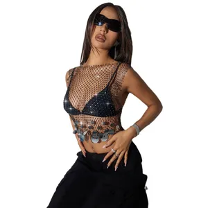 Sexy black fishnet mesh tank top featuring shiny silver coin sequin pendants for women