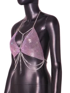 Sexy rückenfreies Strass-Netz-Bralette-Top mit Ketten für festliche Club-Partys.