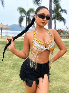 Sexy camisola de cadena con borlas y gemas hecha a mano para festivales de música