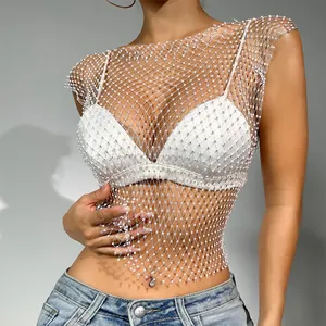 Sexy white rhinestone fishnet top for women, mesh hollow-out sparkling glitter clubwear