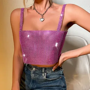 Sparkly pink rhinestone mesh camisole crop top for summer party wear, Y2K fashion aesthetic