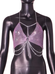 Detailansicht des lila Strass-Mesh-Chain-Tops mit Schmetterlingsdesign und Silberketten