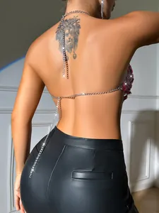 Sexy backless chain top with magenta acrylic gems and silver metal straps back view