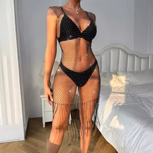 Sexy V-hals visnet bikini cover-up jurk met sprankelende strass-steentjes en franjes