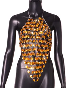 Sexy orange acrylic gemstone halter body chain vest with silver metal links detail.