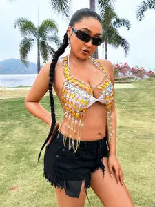 Top sexy hecho a mano con flecos de piedras preciosas de colores para festivales
