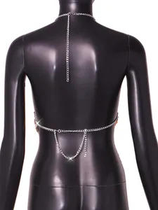 Back view detail of a sexy silver metal body chain vest featuring acrylic gem accents