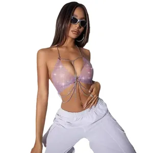 Sexy lila Strass-Netz-Halter-Top mit Kettenriemen und rückenfreiem Design für Damenmode