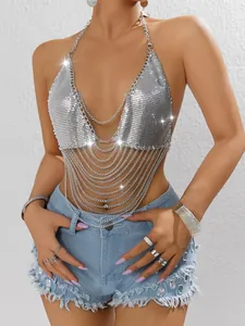 Sexy silver sequin fringe body chain halter top bikini bra for nightclub and party wear