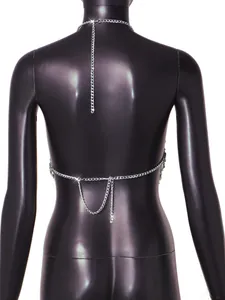 Detailed back view of a sexy silver metal body chain vest displayed on a black mannequin