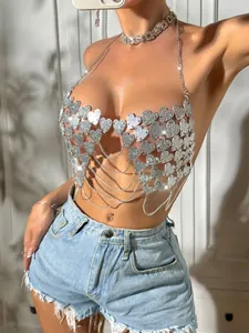 Sexy silver heart-shaped sequin halter top with delicate metal chains for clubwear.