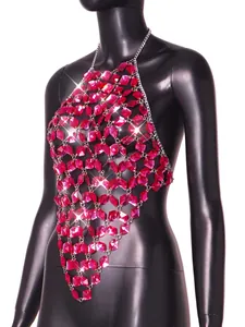 Detailed view of a sexy pink acrylic gemstone body chain vest displayed on a black mannequin