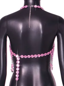 Detail back view of a sexy pink acrylic crystal body chain featuring star pendants
