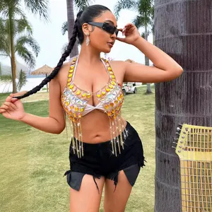 Top sexy de flecos con piedras preciosas hechas a mano para festivales de música