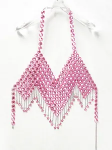 Detailed view of a pink acrylic crystal body chain with star charms on a hanger.