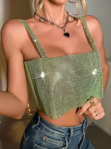 Detailed close-up view of a sexy green fishnet rhinestone camisole vest for clubwear