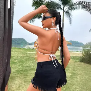 Top halter sexy hecho a mano con flecos de pedrería para festivales de música y verano