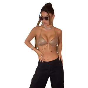 Gold metallic mesh rhinestone tassel halter crop top for sexy nightclub party fashion
