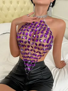 Women Sexy Backless Alloy Metal Chain Vest Acrylic Rhombus Gem Halter Top Y2K Party Clubwear Body Chain Accessories Clothing