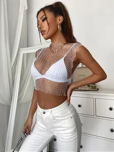 Sexy rhinestone fishnet mesh crop top for women in a stylish lifestyle indoor setting