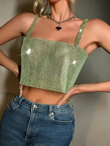 Stunning detail view of a sexy lime green rhinestone fishnet mesh camisole crop top