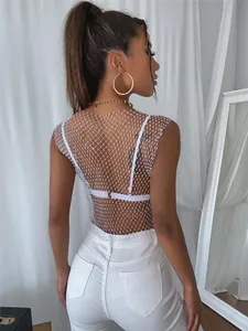 Detailed back view of a sexy white fishnet rhinestone tank top with sparkling mesh detail