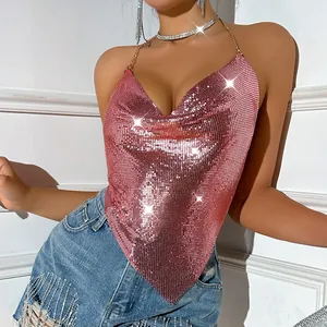 Top sexy a sottoveste con paillettes metalliche rosa e spalline a catena