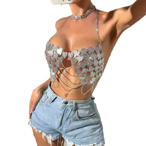 Sexy silver sequin heart halter top with metal chains for clubwear and beach parties