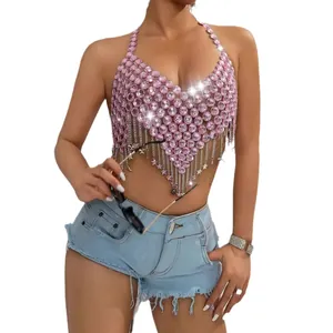 Sexy pink acrylic rhinestone halter body chain with glittering crystal star fringe jewelry